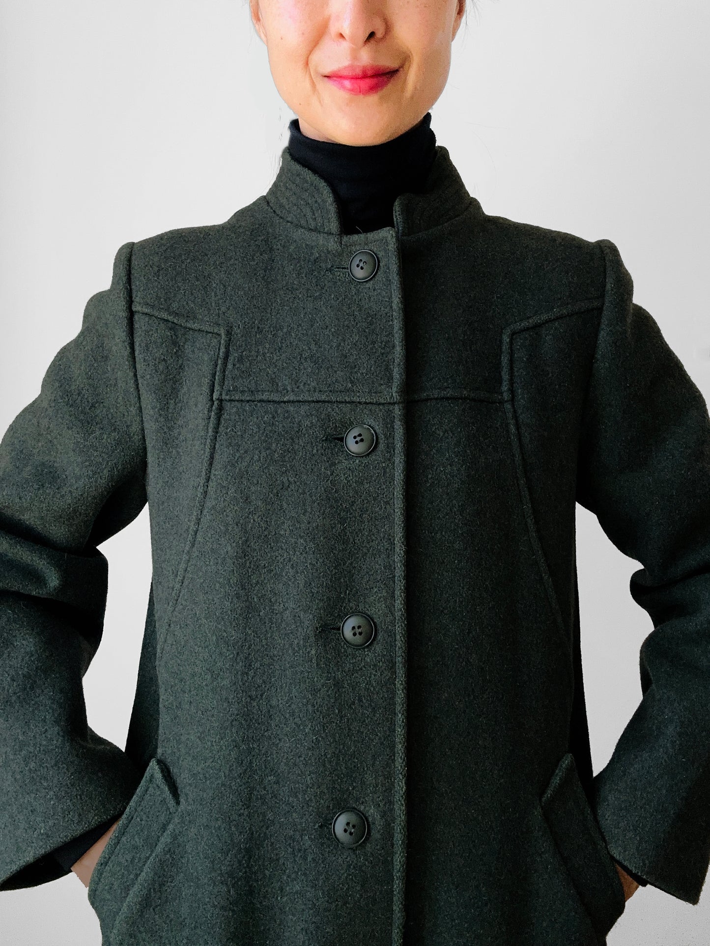 1960s Made in Canada Army Green Wool Blend Military Style Midi-Length A-Line Coat - Sz. S