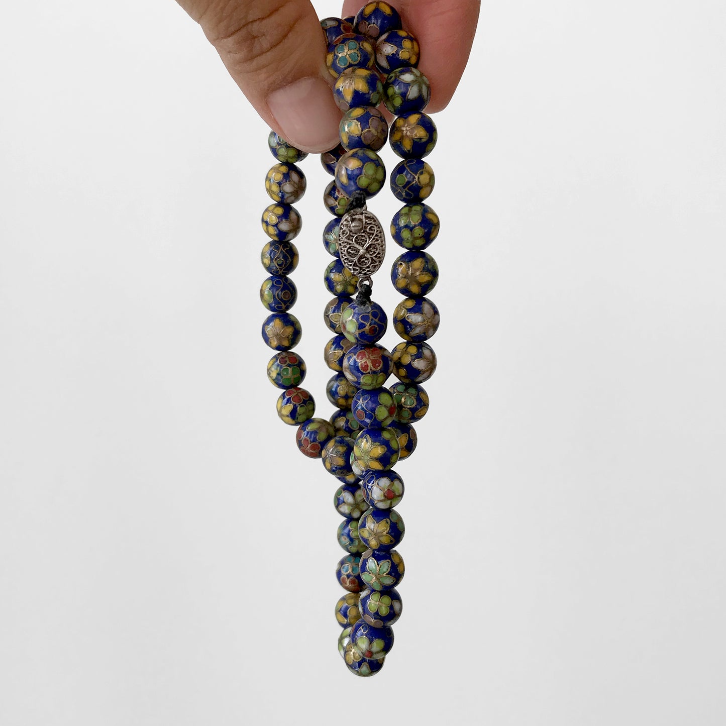 1940s Floral Silver-Clasp Cloisonne Beaded Necklace