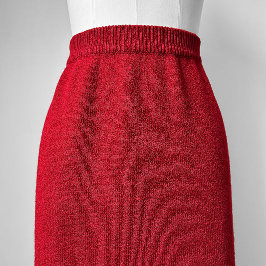 1990s Deep Red Woven Knit Elastic Waist Midi-Length Tube Skirt - Waist 29-34