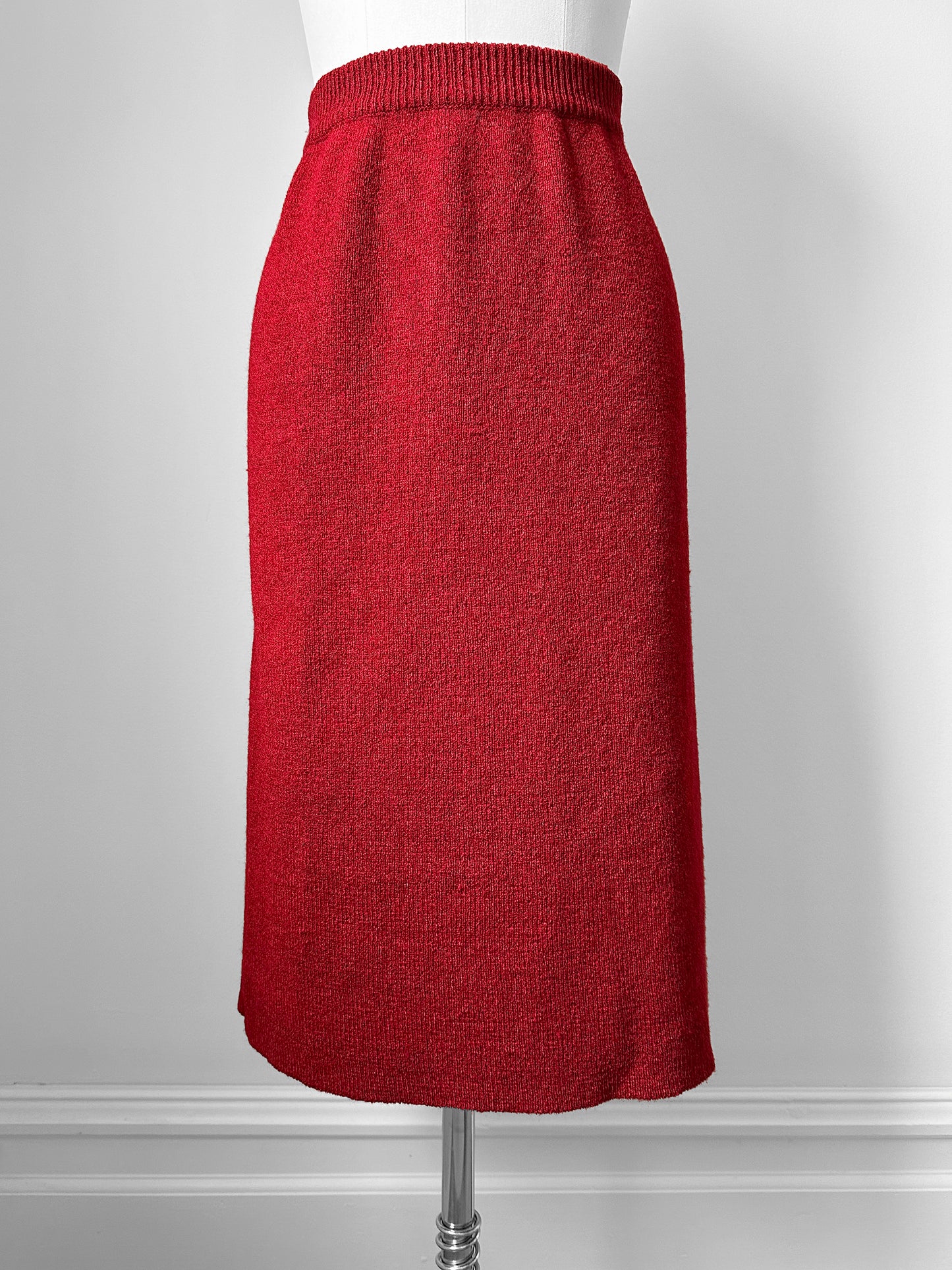 1990s Deep Red Woven Knit Elastic Waist Midi-Length Tube Skirt - Waist 29-34