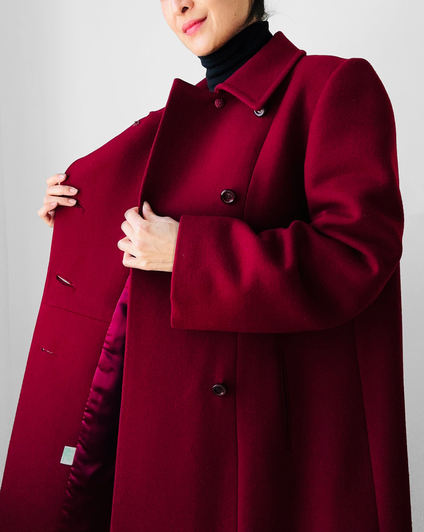 1960s Deep Wine Red Asymmetrical A-Line Midi-Length Heavy Wool Coat - S/M