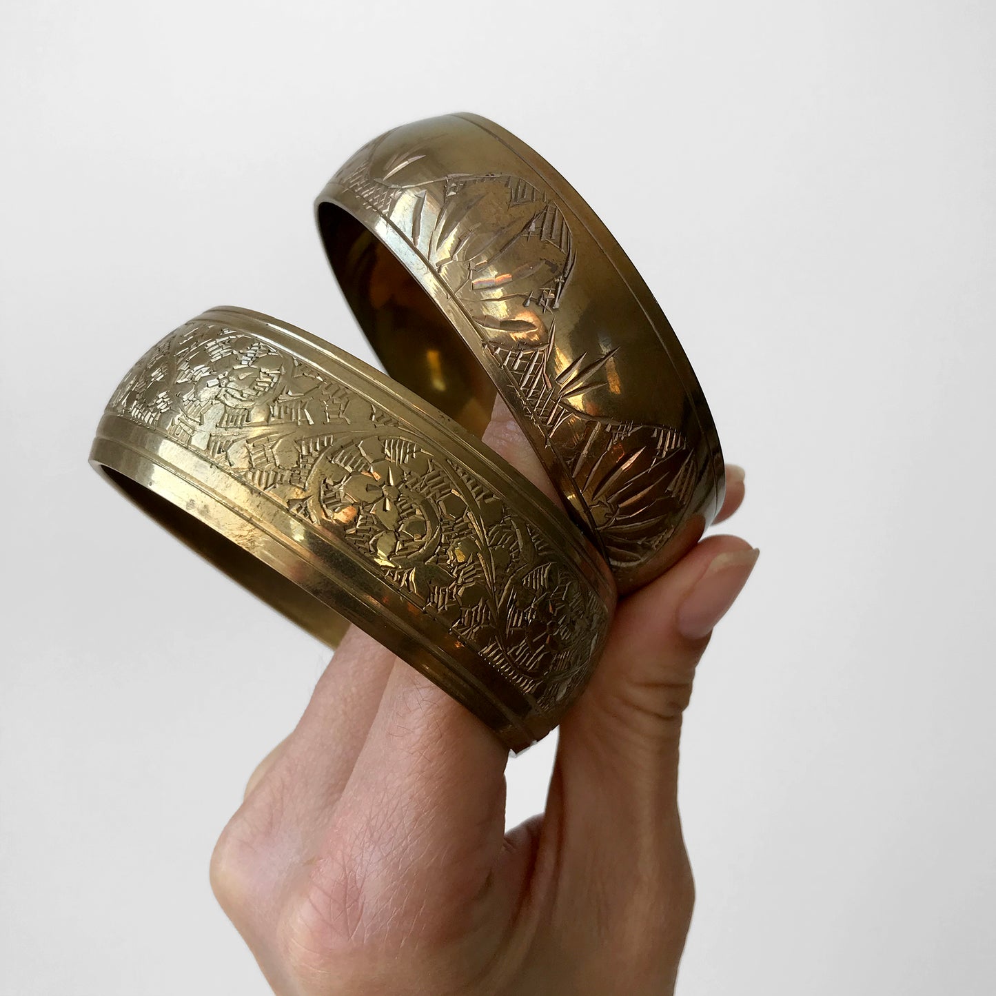 Floral Etched Brass Bangle Bracelet