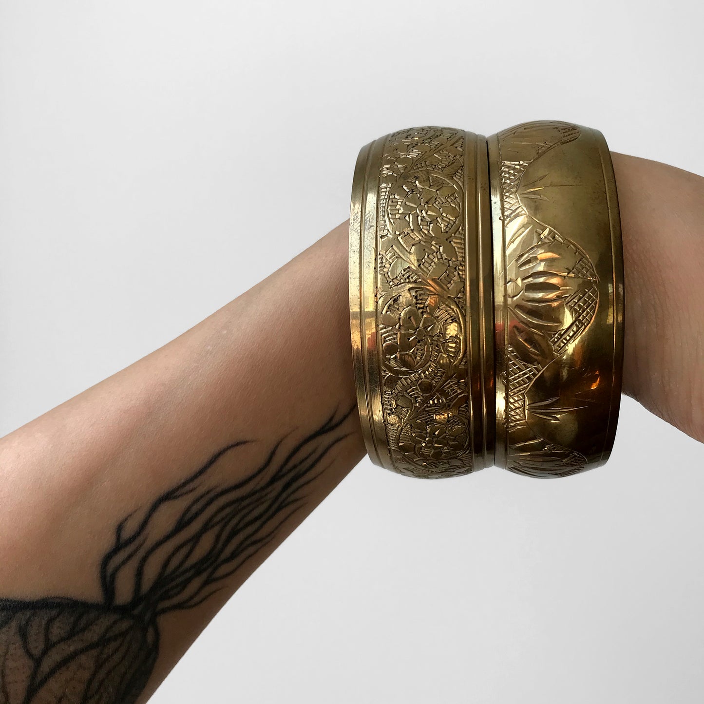 Floral Etched Brass Bangle Bracelet