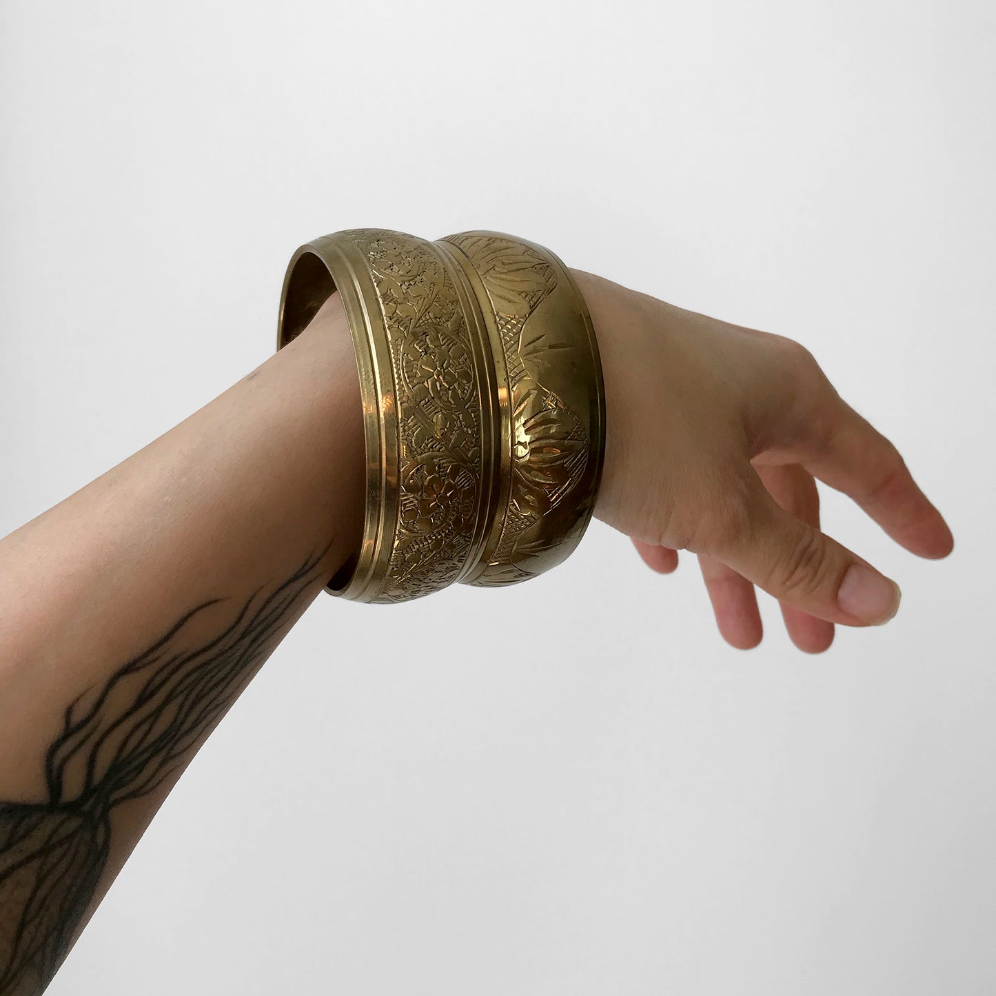 Floral Etched Brass Bangle Bracelet