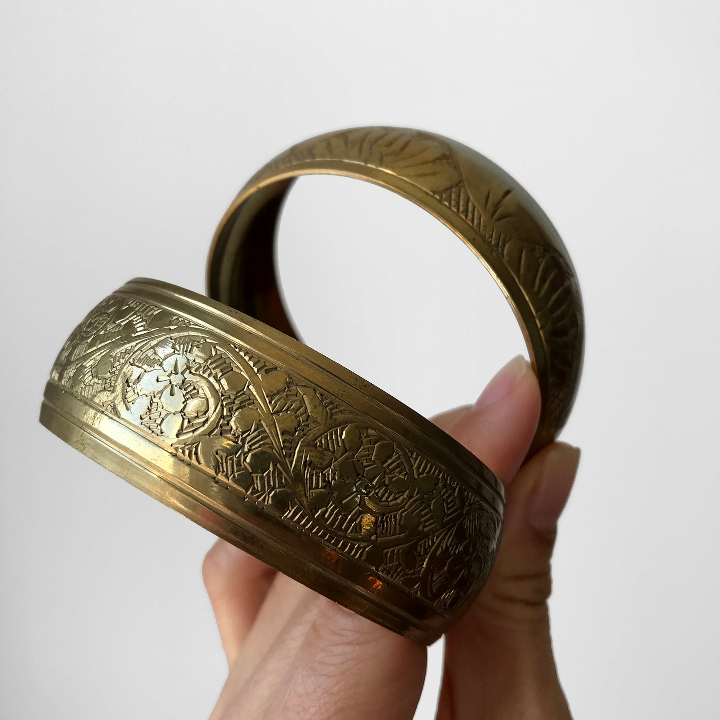 Floral Etched Brass Bangle Bracelet