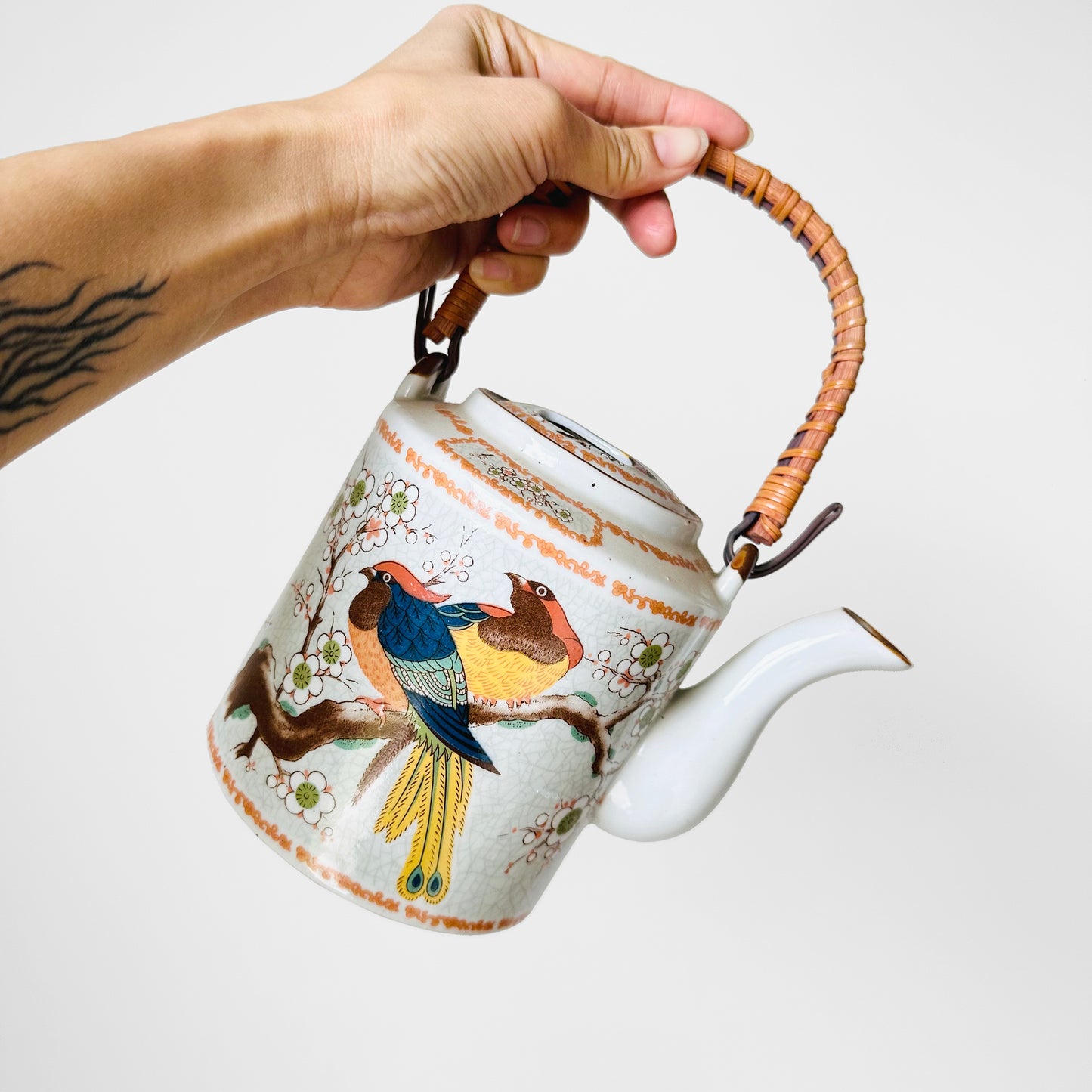 1980s Made in Korea Bird on a Branch Patterned Ceramic Teapot with Warming Base