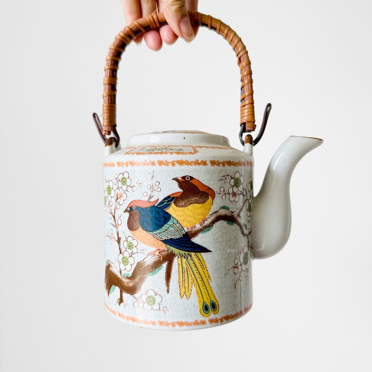 1980s Made in Korea Bird on a Branch Patterned Ceramic Teapot with Warming Base