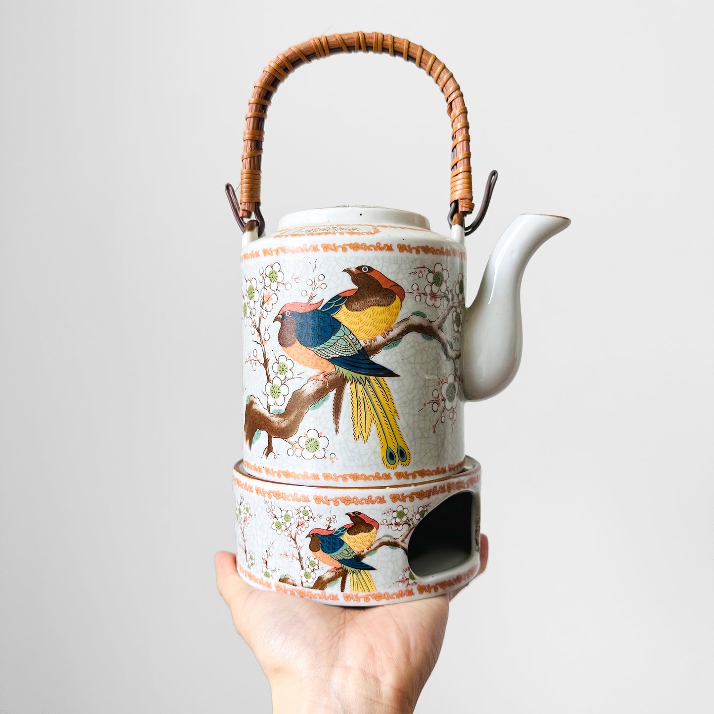 1980s Made in Korea Bird on a Branch Patterned Ceramic Teapot with Warming Base