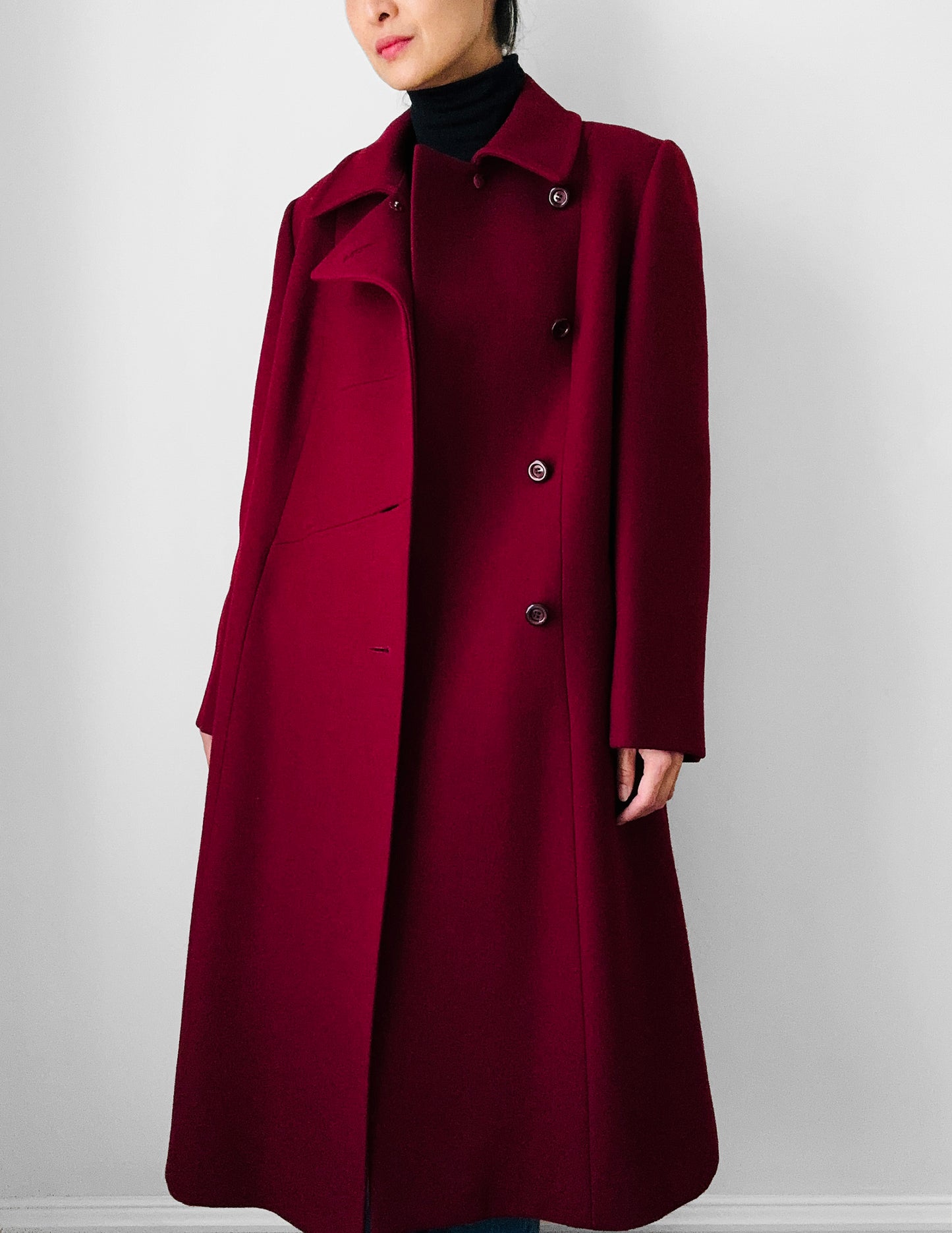 1960s Deep Wine Red Asymmetrical A-Line Midi-Length Heavy Wool Coat - S/M