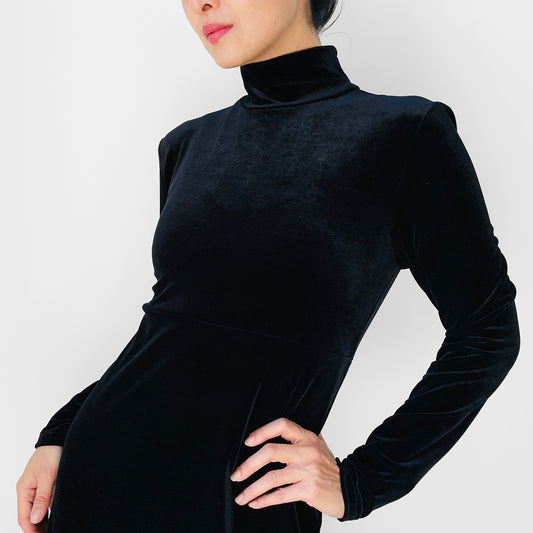 1990s Black Velour Soft Stretch Mock Neck Fitted Dress - Sz. S