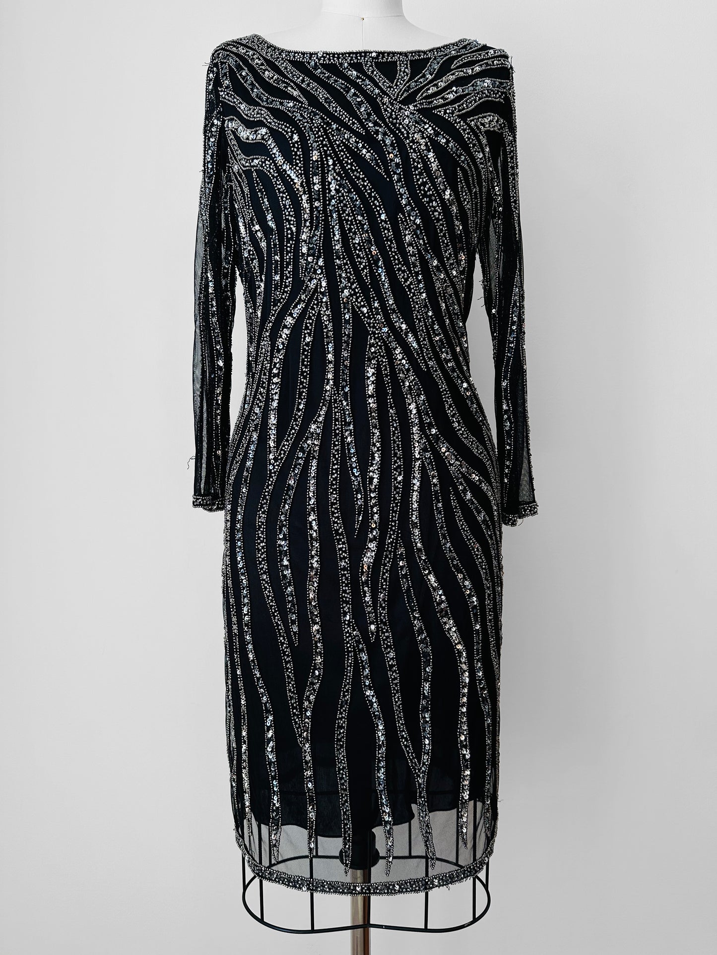 1990s Black Sequins Knee-Length Long-Sleeve Shift Dress - S/M