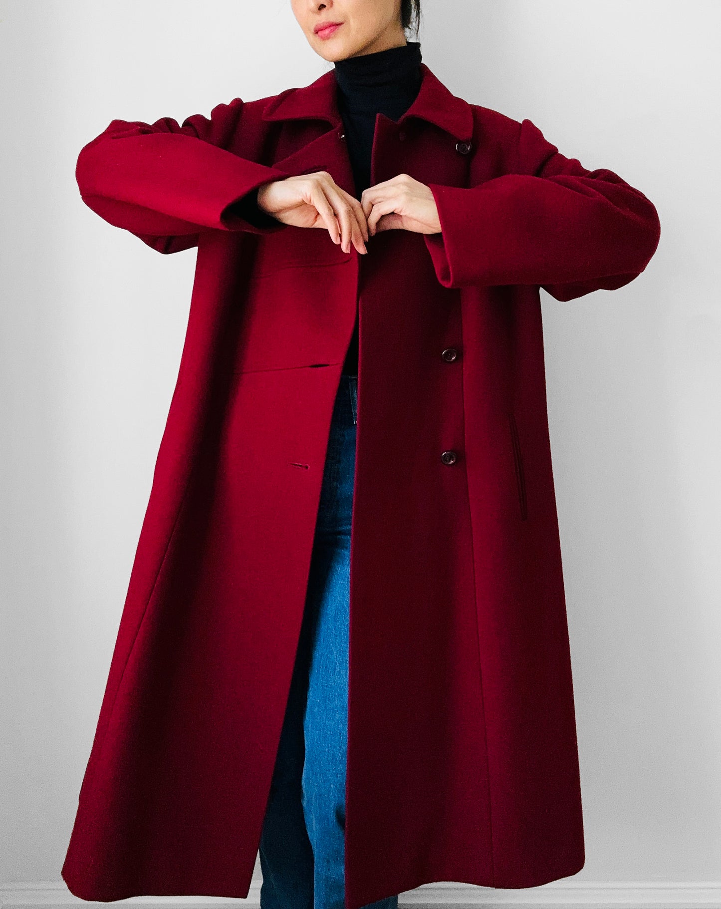 1960s Deep Wine Red Asymmetrical A-Line Midi-Length Heavy Wool Coat - S/M