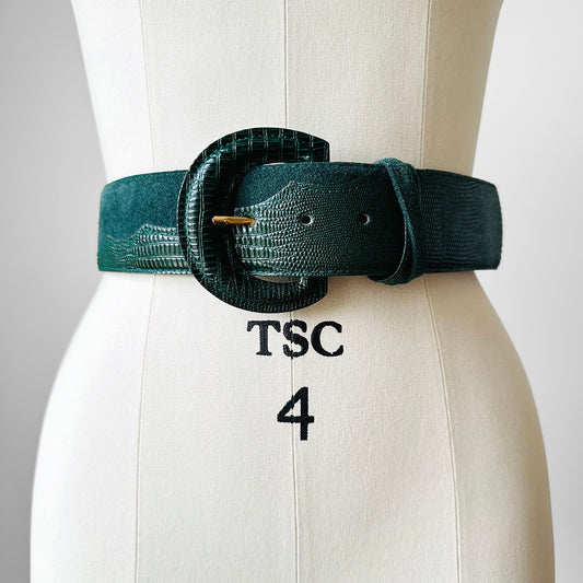 1980s Hunter Green Structured Wide Textured Leather and Suede Belt - Waist 25.5 - 29.5