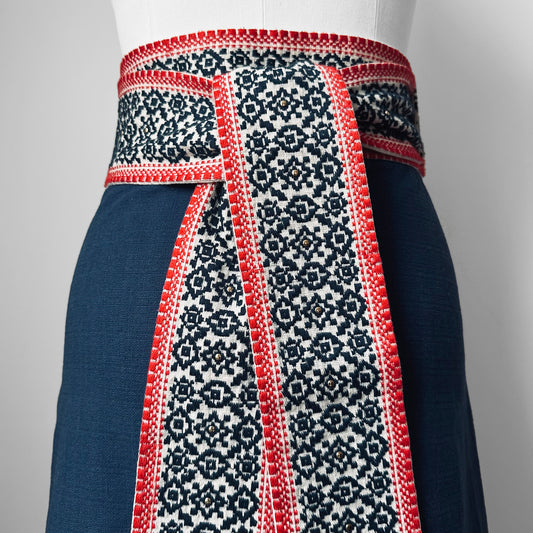 Y2K Embroidered Tied Waist Navy Linen Wrap Skirt - Waist 27.5