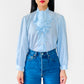 1970s Blue Ruffle-Neck Tie-Neck Button-Front Blouse