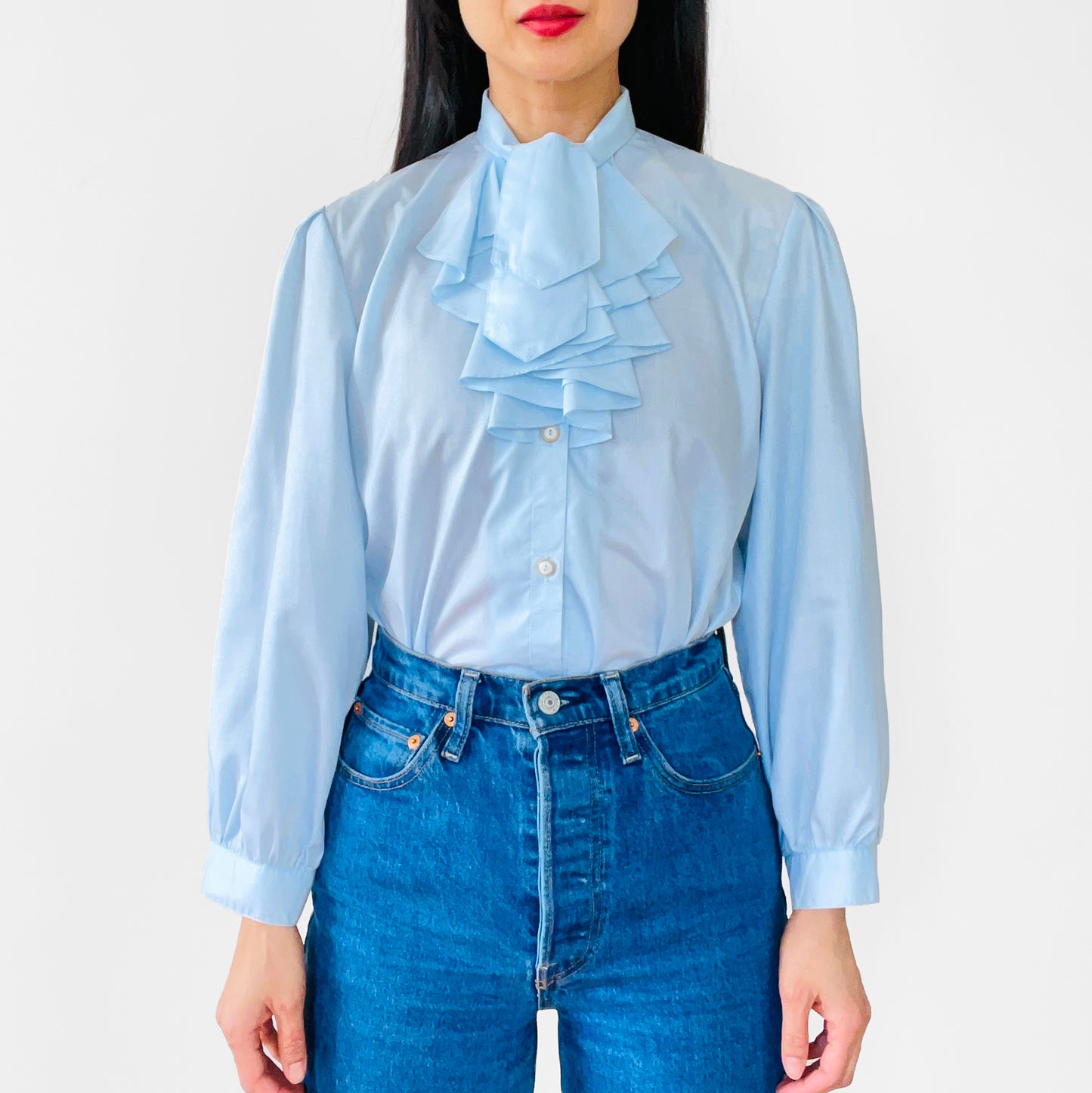 1970s Blue Ruffle-Neck Tie-Neck Button-Front Blouse