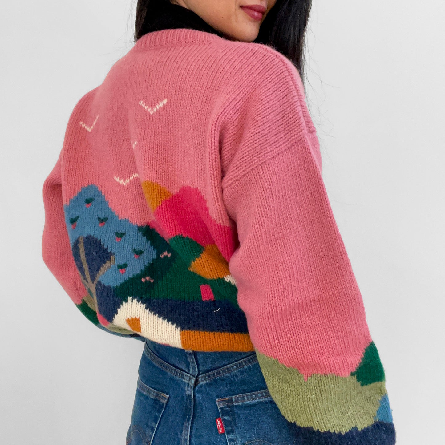 1990s Pink Wool Scotland-Spun Scenic Knit Sweater