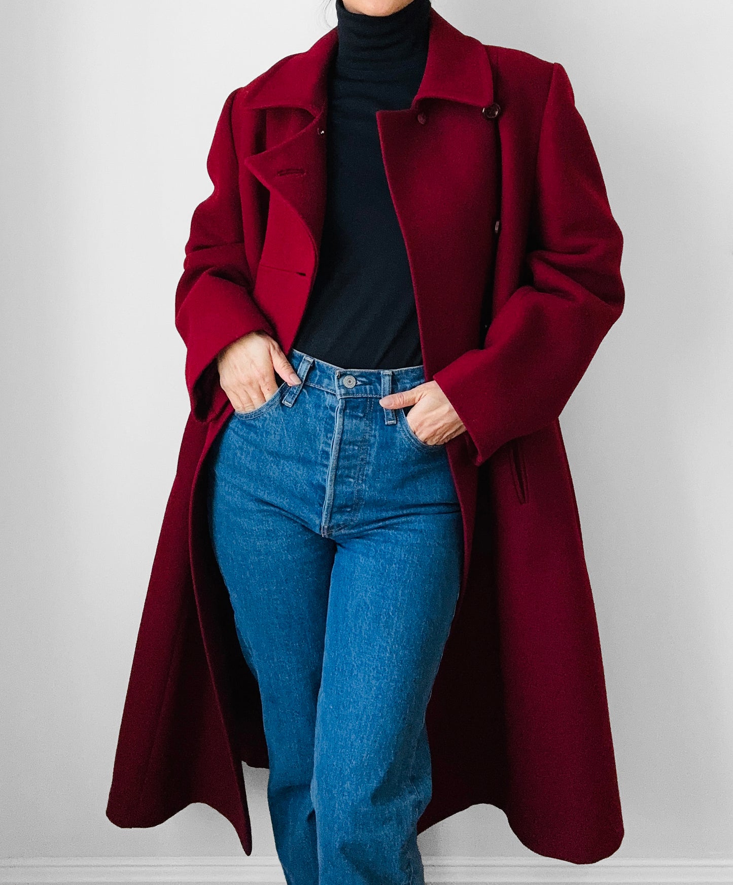 1960s Deep Wine Red Asymmetrical A-Line Midi-Length Heavy Wool Coat - S/M