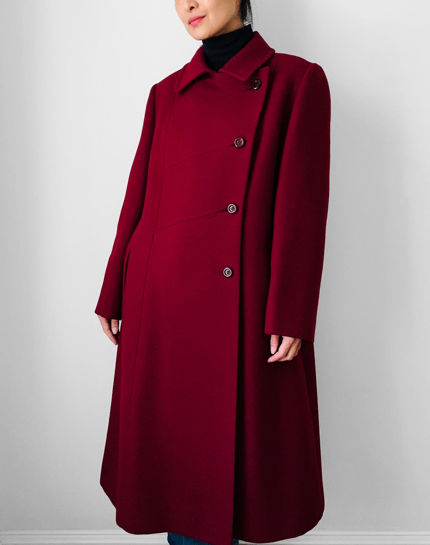 1960s Deep Wine Red Asymmetrical A-Line Midi-Length Heavy Wool Coat - S/M