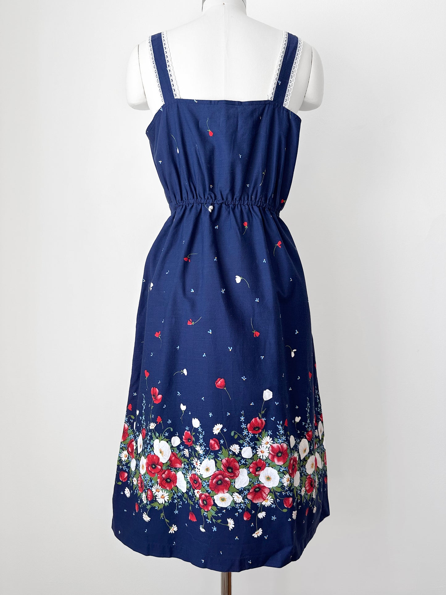 1970s Handmade Navy Blue and Red Floral Patterned Button-Front Sleeveless Cotton Summer Dress - Sz. S