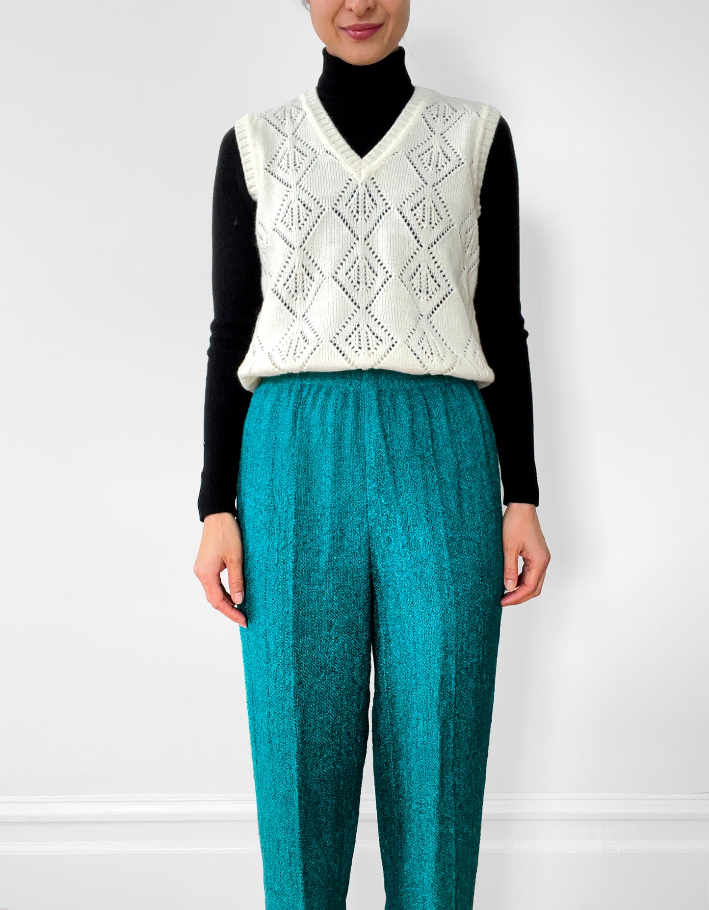 1970s-1980s Teal Knit Elastic-Waist Pants