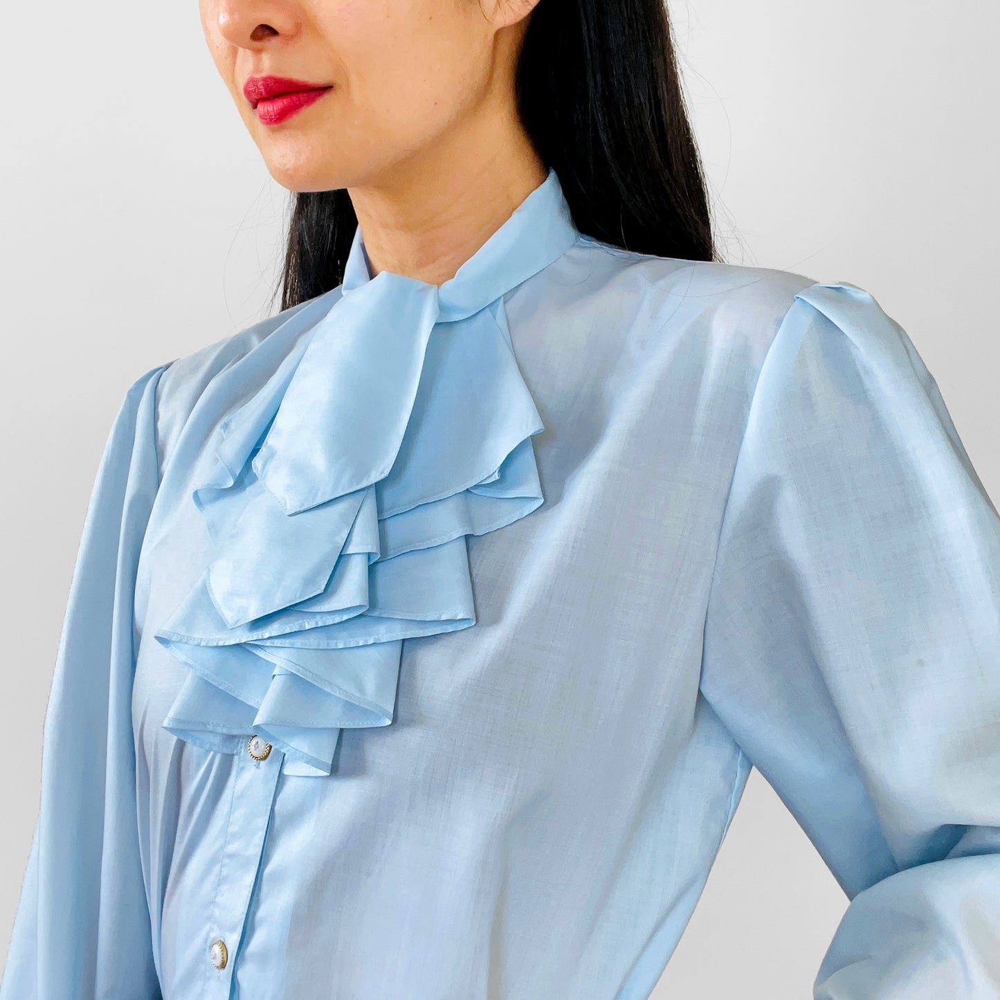 1970s Blue Ruffle-Neck Tie-Neck Button-Front Blouse