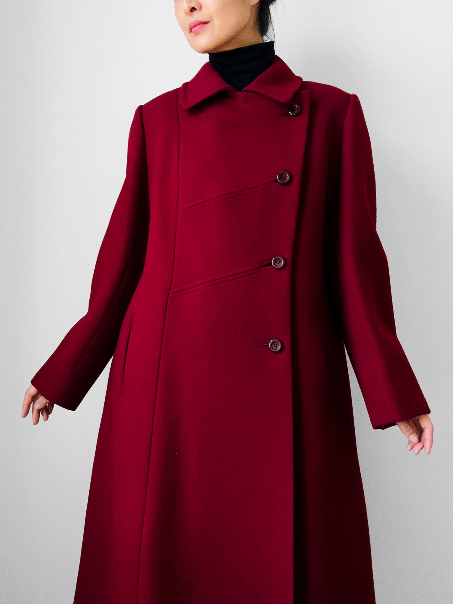 1960s Deep Wine Red Asymmetrical A-Line Midi-Length Heavy Wool Coat - S/M