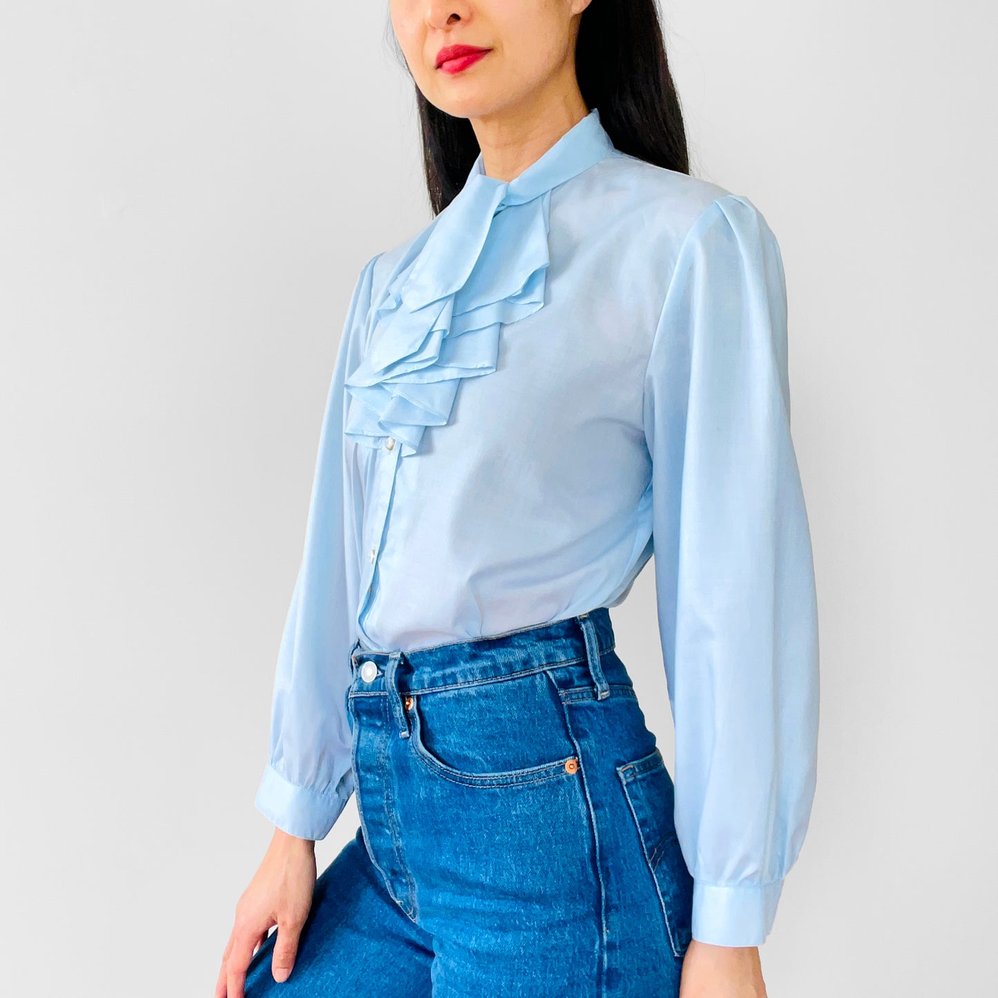 1970s Blue Ruffle-Neck Tie-Neck Button-Front Blouse