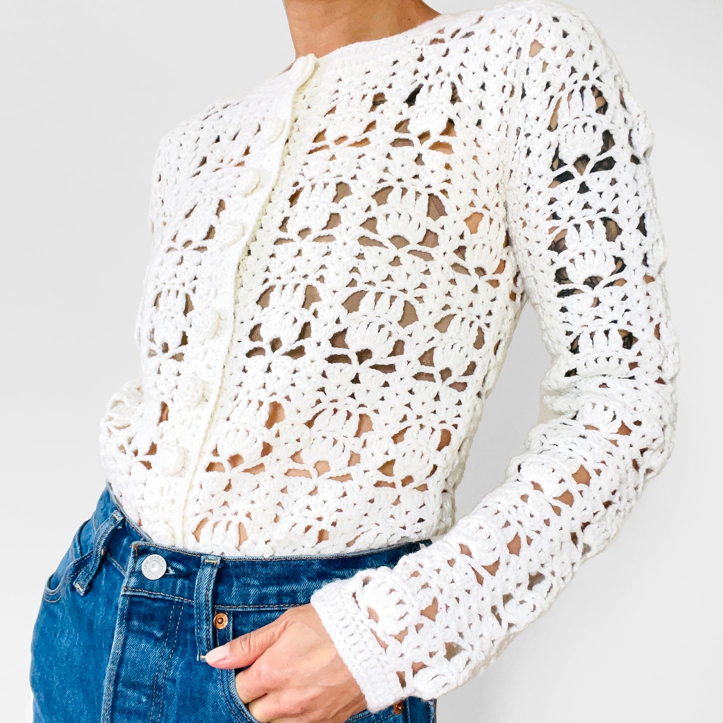 Cream Soft Handmade Fitted Crochet Knit Top