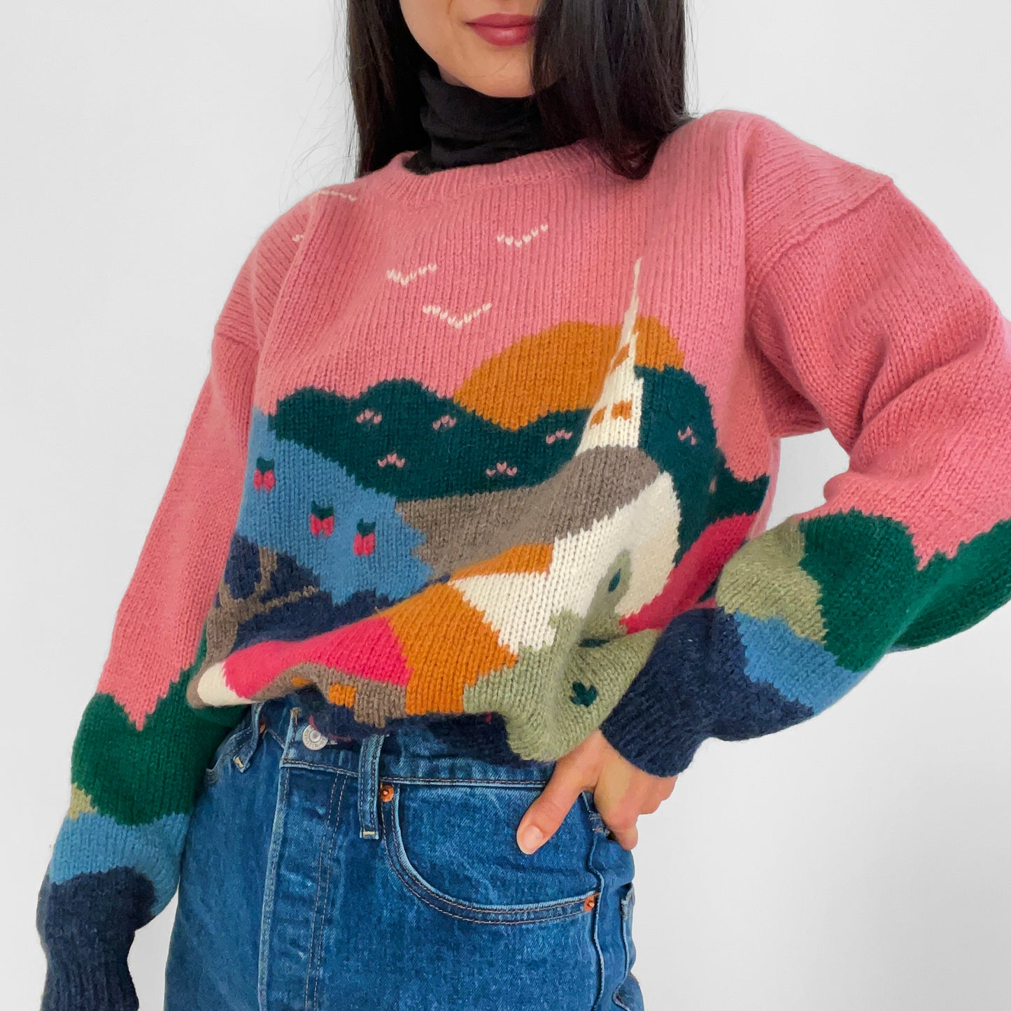 1990s Pink Wool Scotland-Spun Scenic Knit Sweater