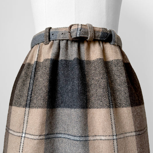 1960-1970s Brown Beige Grey Plaid Elastic Waist Wool Belted Skirt - Waist 26-30