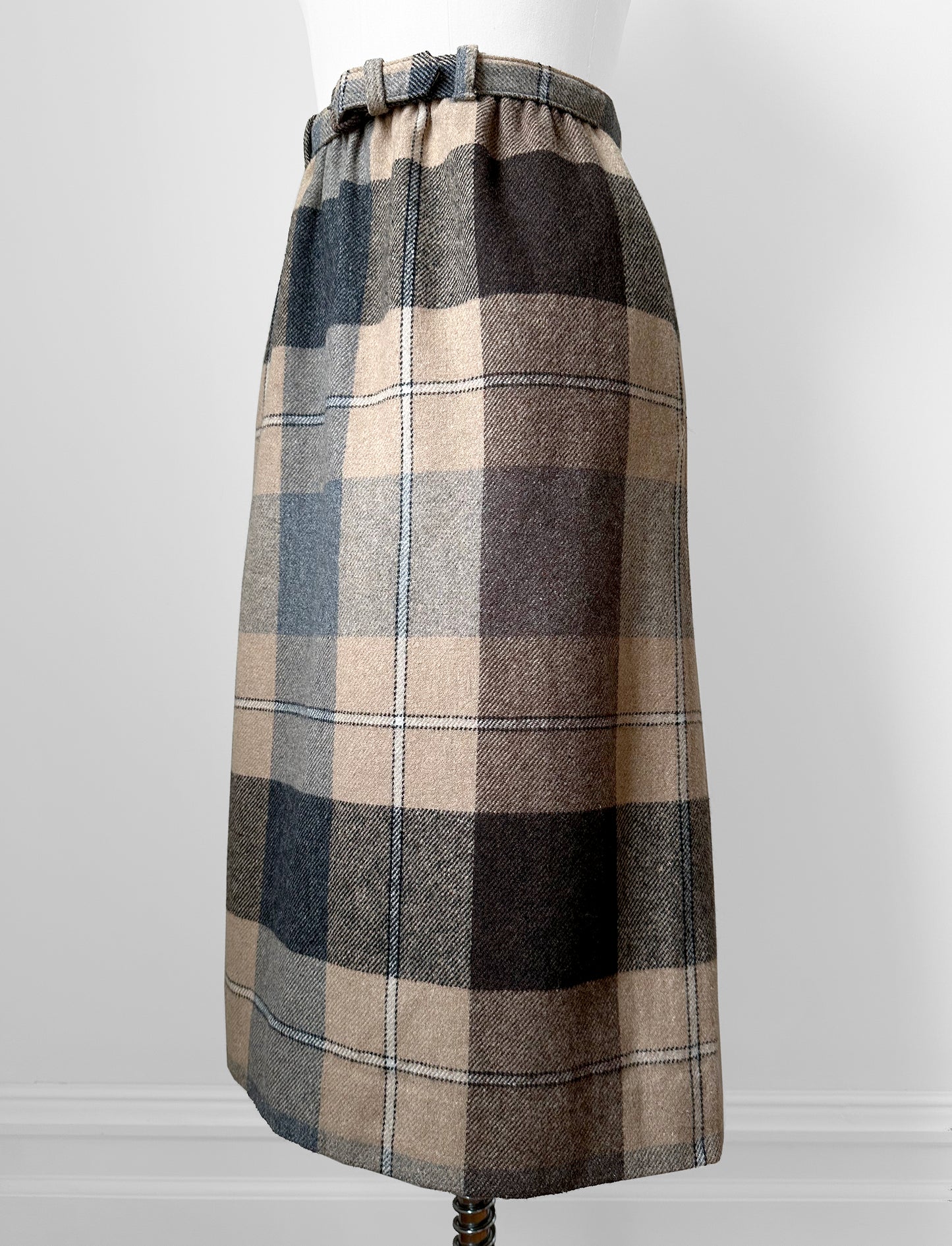 1960-1970s Brown Beige Grey Plaid Elastic Waist Wool Belted Skirt - Waist 26-30