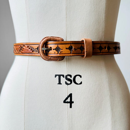 1970s Tan Leather Woven Narrow Tooled Leather Accent Belt - Waist 28.5 - 33.5