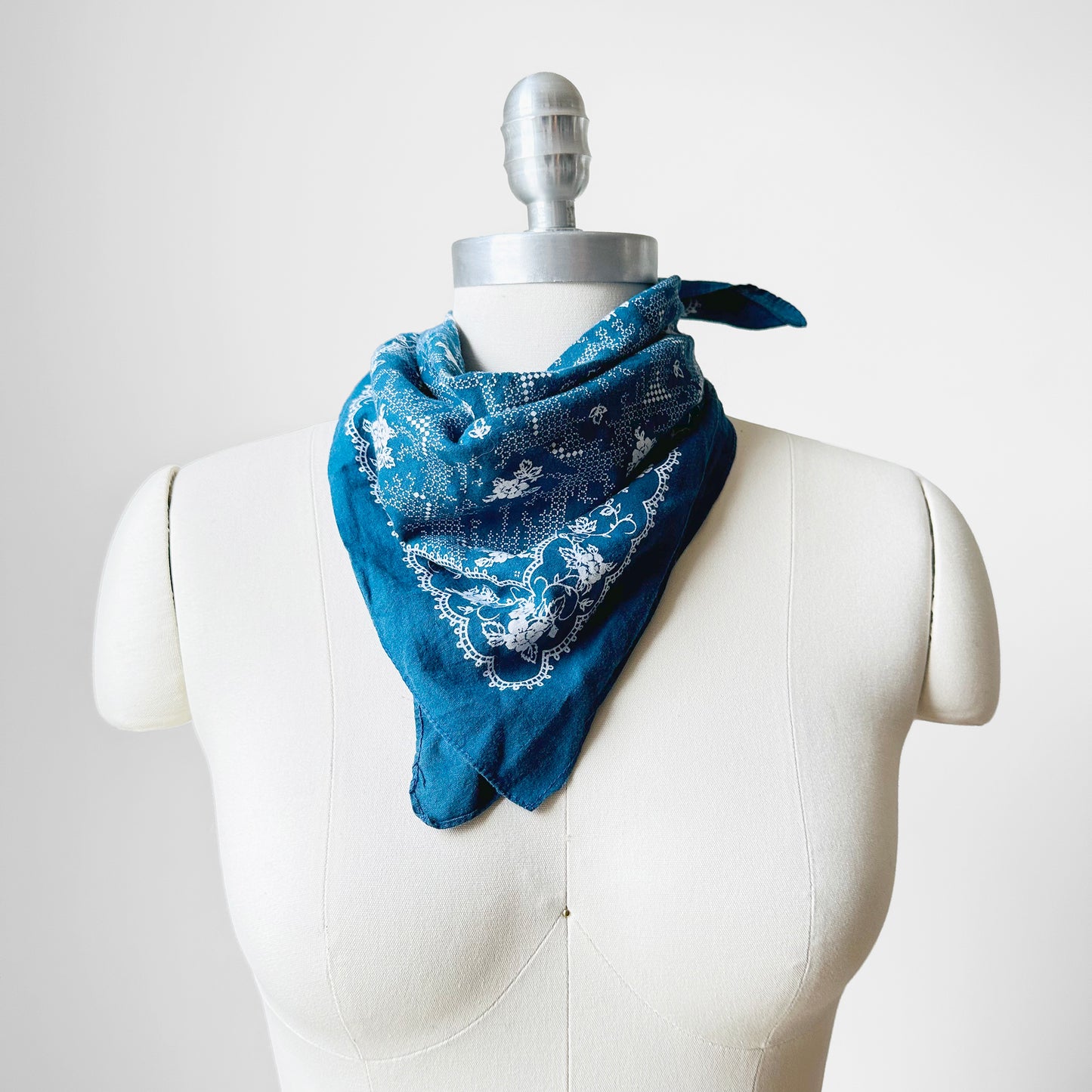 Blue and White Floral Motif Soft Well Worn Cotton Kerchief Bandana Scarf