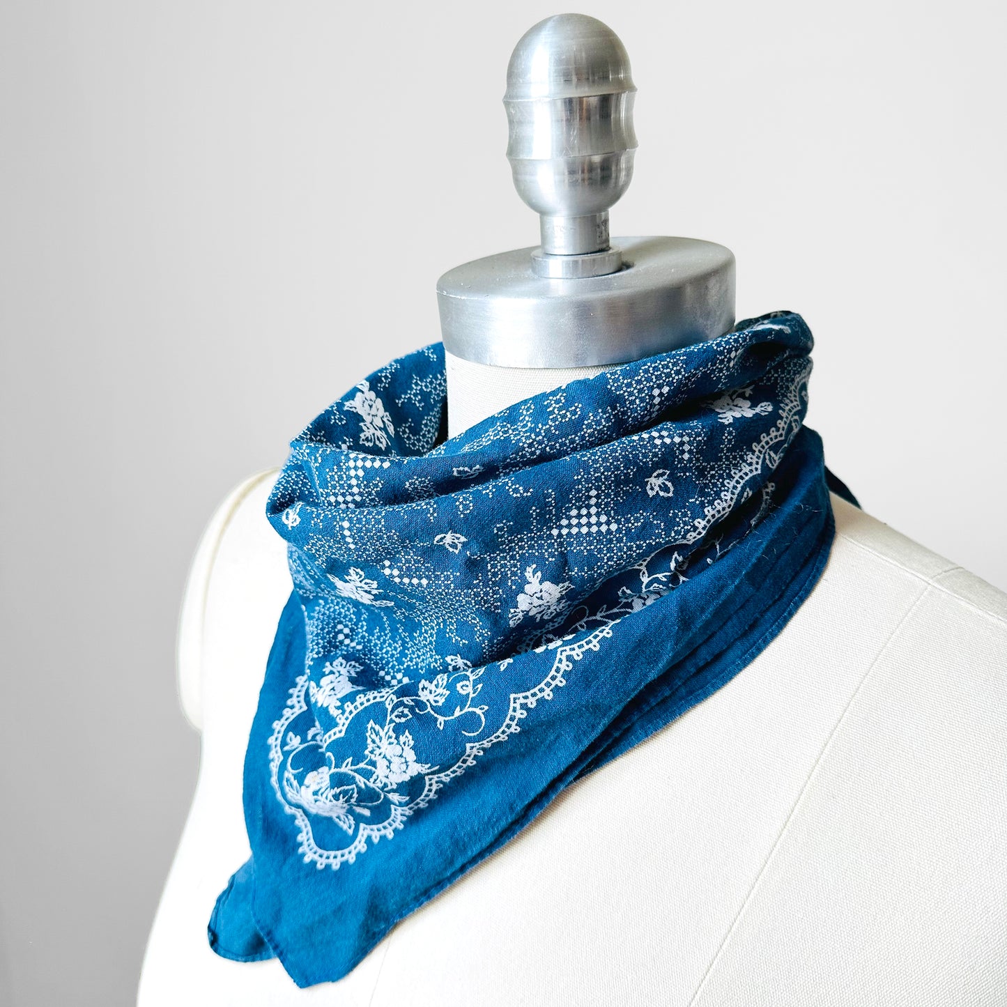 Blue and White Floral Motif Soft Well Worn Cotton Kerchief Bandana Scarf