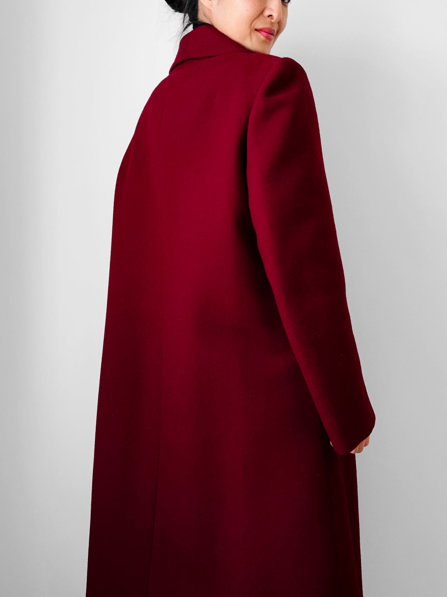 1960s Deep Wine Red Asymmetrical A-Line Midi-Length Heavy Wool Coat - S/M