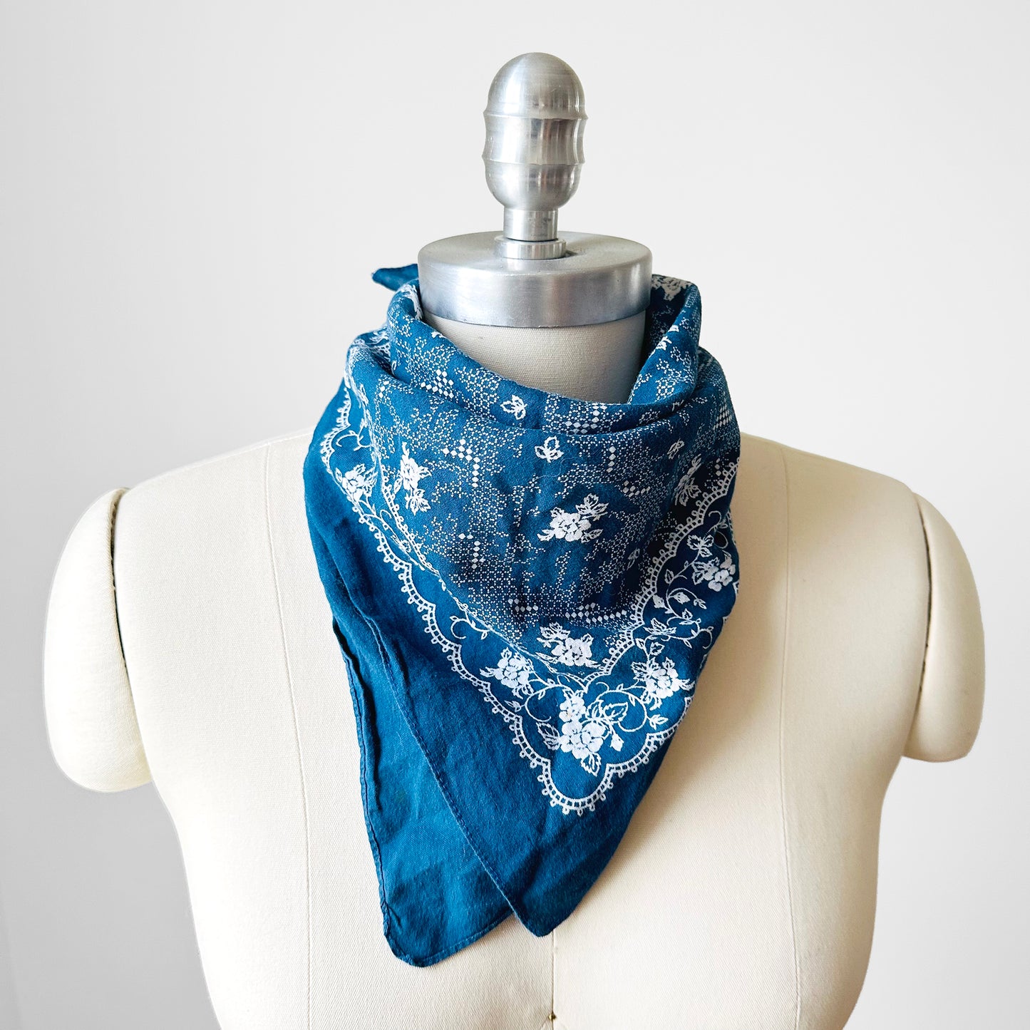 Blue and White Floral Motif Soft Well Worn Cotton Kerchief Bandana Scarf