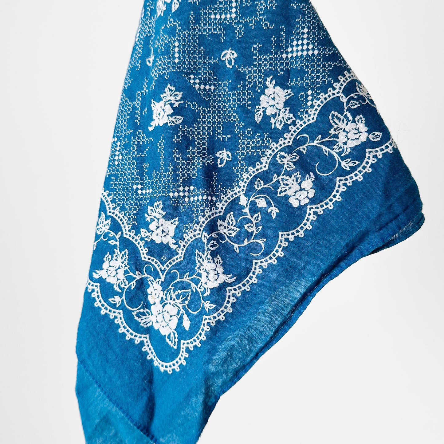 Blue and White Floral Motif Soft Well Worn Cotton Kerchief Bandana Scarf