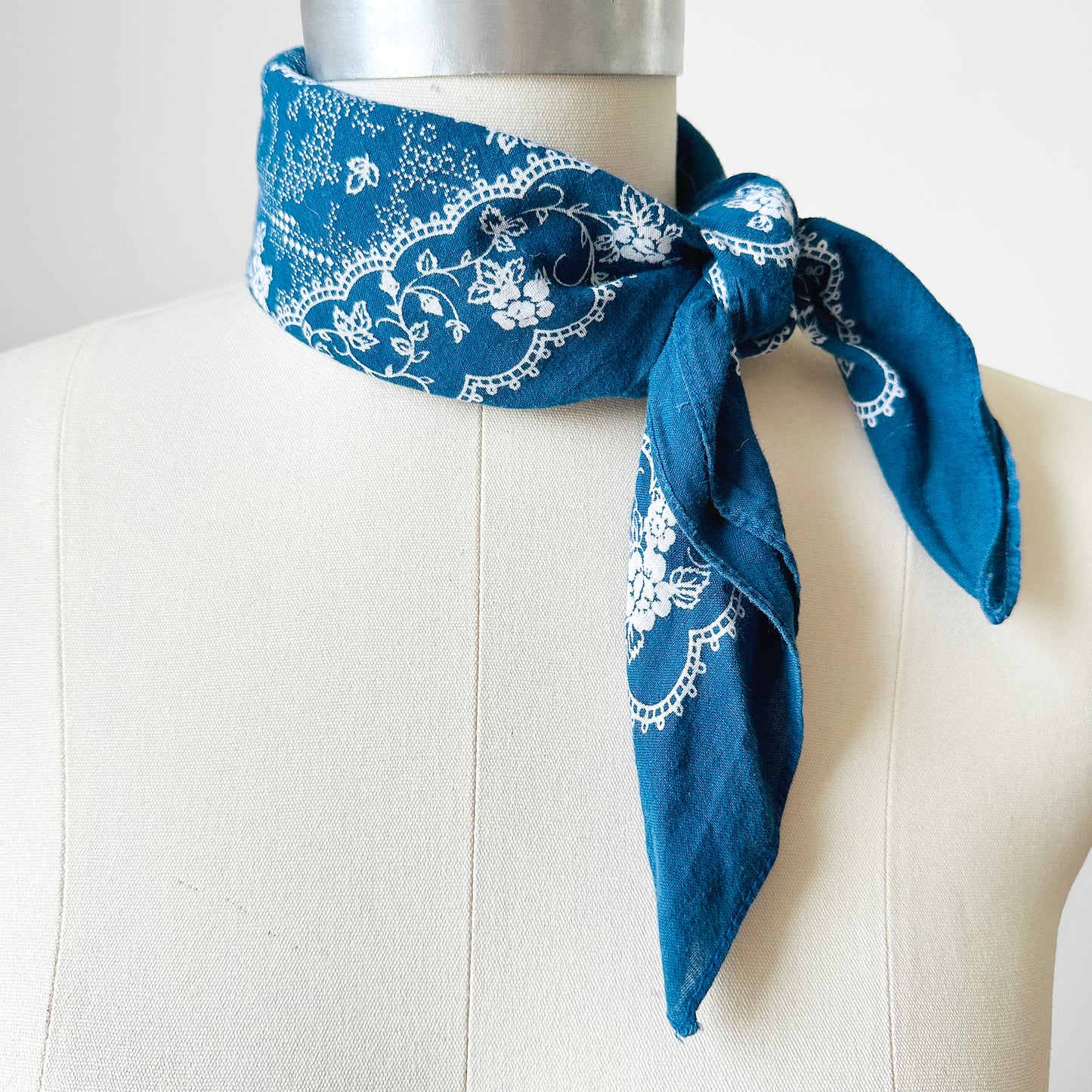 Blue and White Floral Motif Soft Well Worn Cotton Kerchief Bandana Scarf