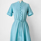 1960s Turquoise Button-Front Tied-Waist Short-Sleeve Textured Knit Dress - Sz. S