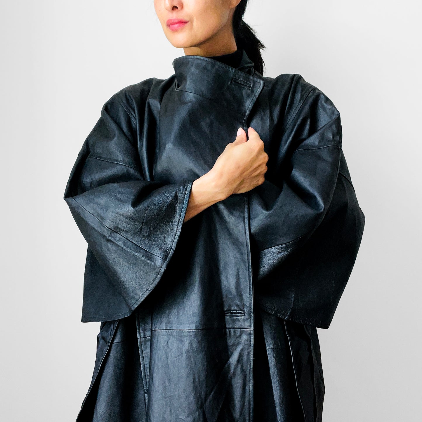 1990s Black Leather Cape Coat