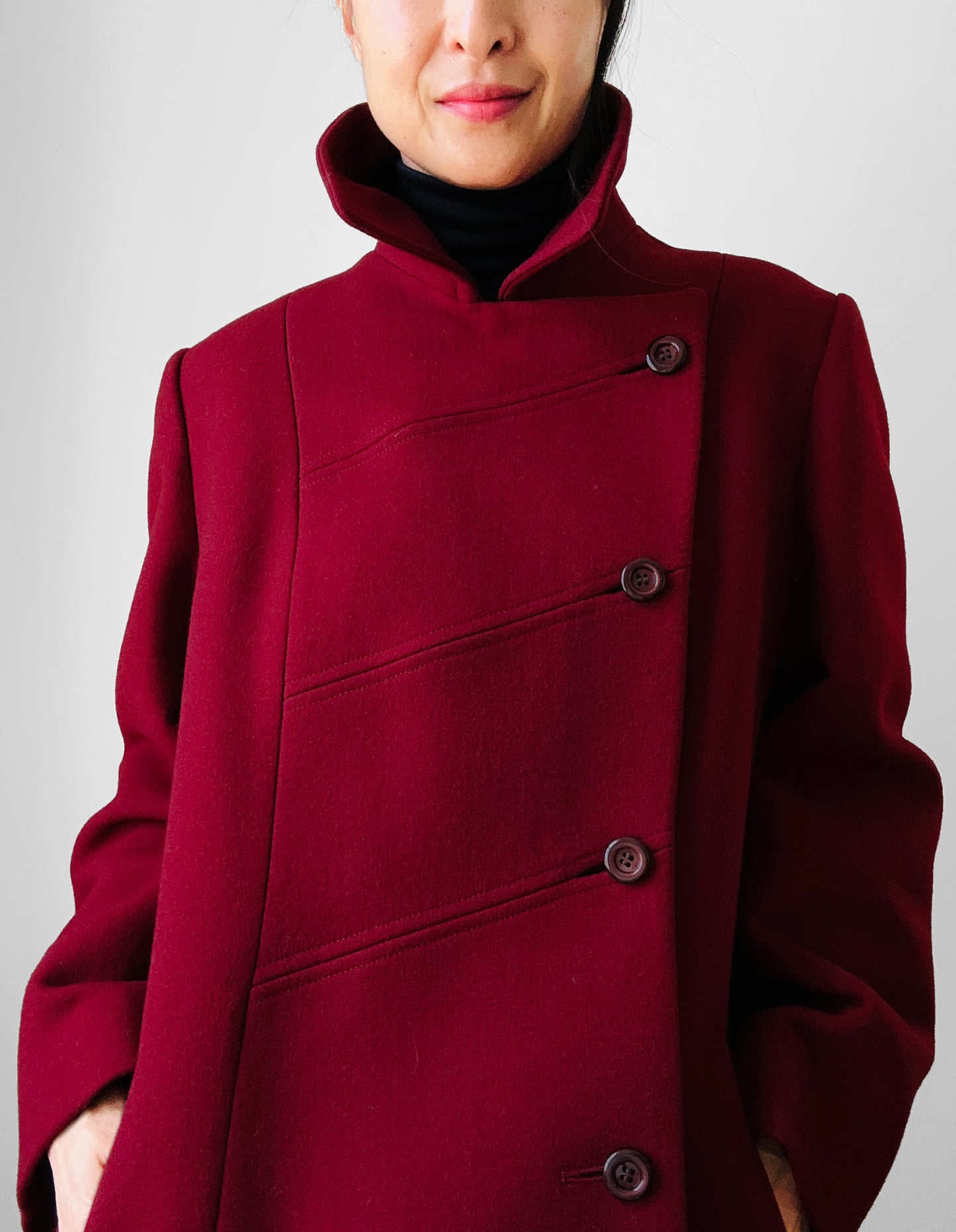 1960s Deep Wine Red Asymmetrical A-Line Midi-Length Heavy Wool Coat - S/M