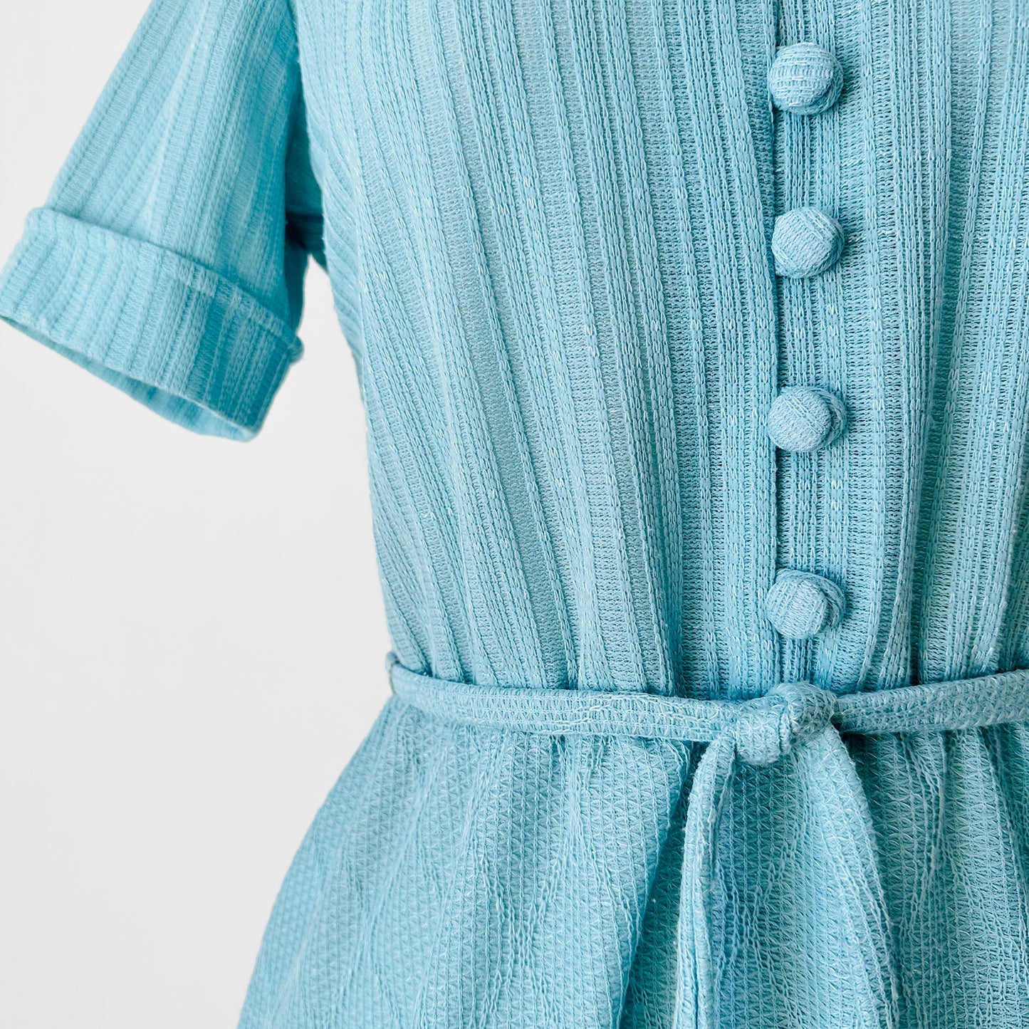 1960s Turquoise Button-Front Tied-Waist Short-Sleeve Textured Knit Dress - Sz. S