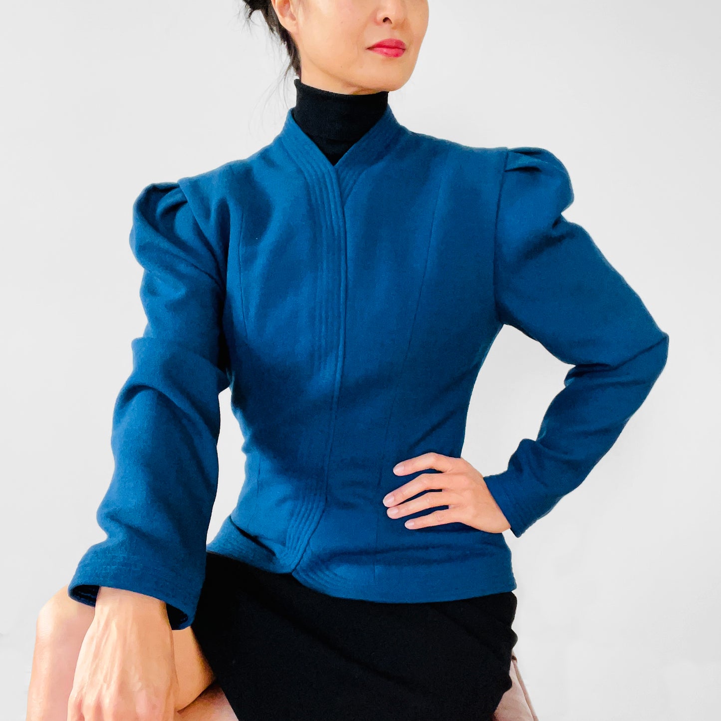 1980s Blue and Black Wool Two-Toned One-Piece Dress