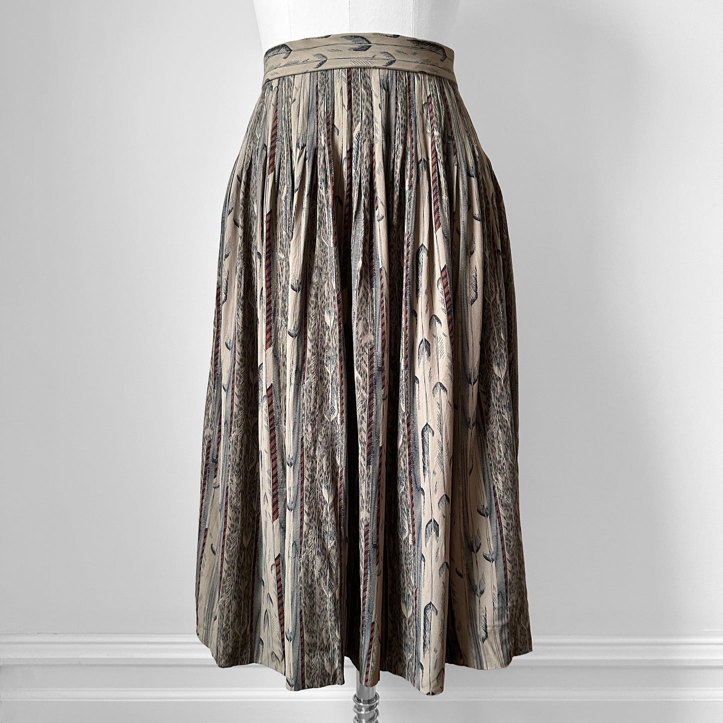 Y2K Feather Patterned Pleated Draped High Waisted Made in Japan Skirt - Waist 26