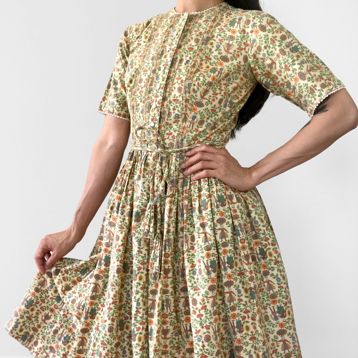 1960s - 1970s Folk Patterned Handmade Fit and Flare Knee-Length Belted Button-Front Dress