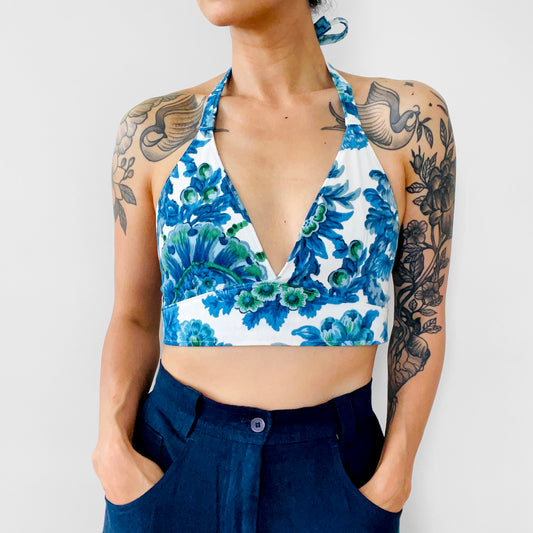 Upcycled Made-By-Me Vintage Handmade Blue and White Floral Chinoiserie Button-Back Bralette TopTop