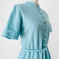 1960s Turquoise Button-Front Tied-Waist Short-Sleeve Textured Knit Dress - Sz. S