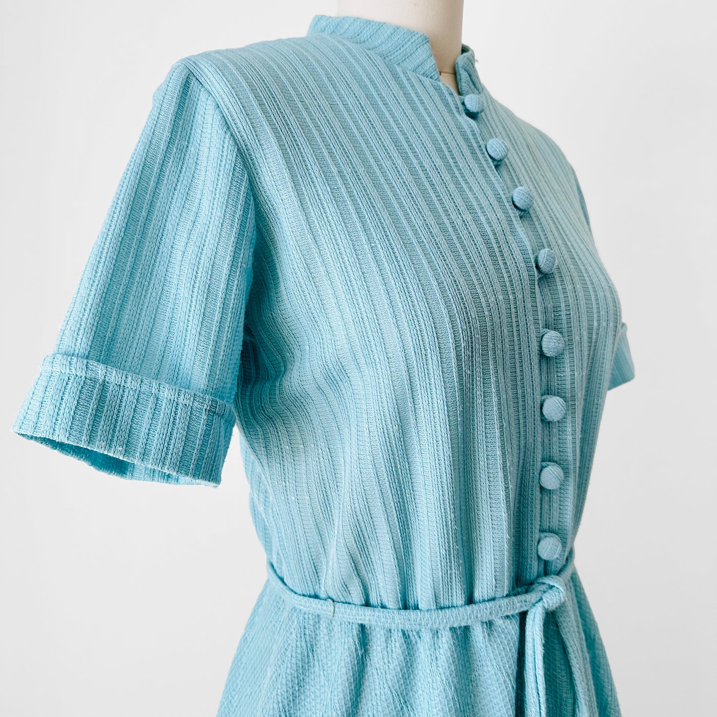 1960s Turquoise Button-Front Tied-Waist Short-Sleeve Textured Knit Dress - Sz. S