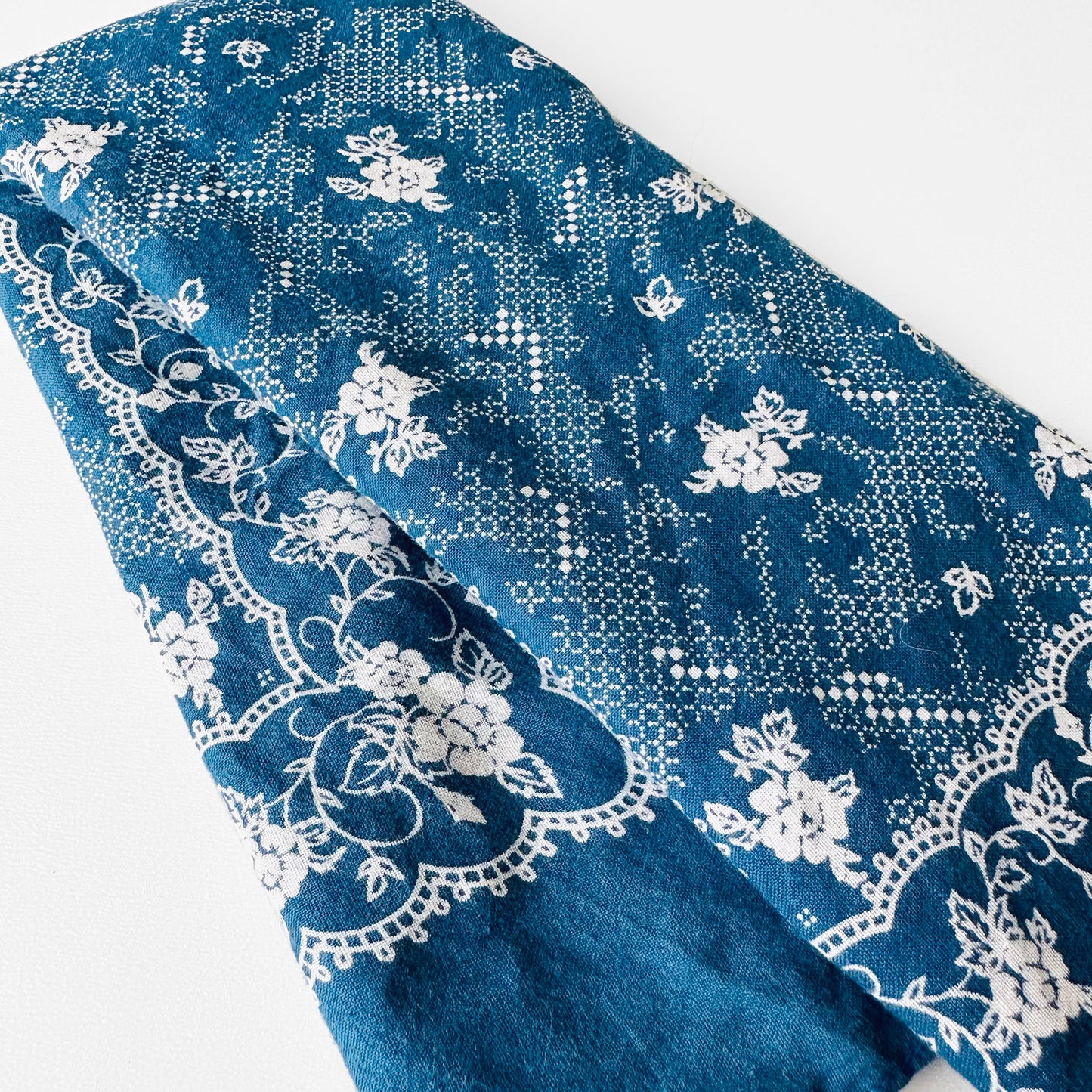 Blue and White Floral Motif Soft Well Worn Cotton Kerchief Bandana Scarf